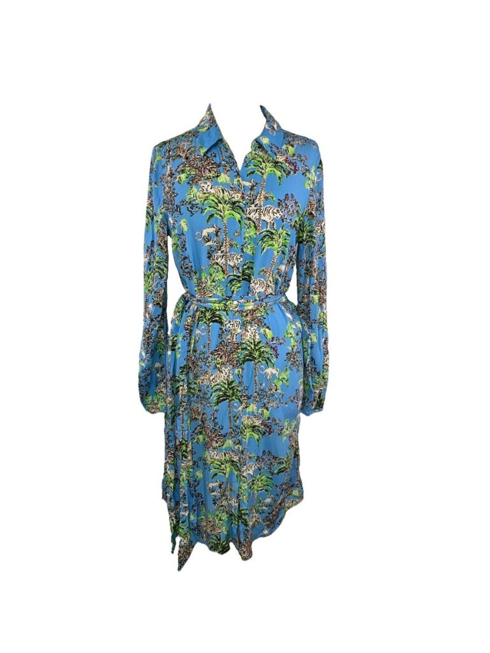 Lilly Pulitzer Sz M Bethanne Dress Blue Thistle Tiger Collared Button Front Belt